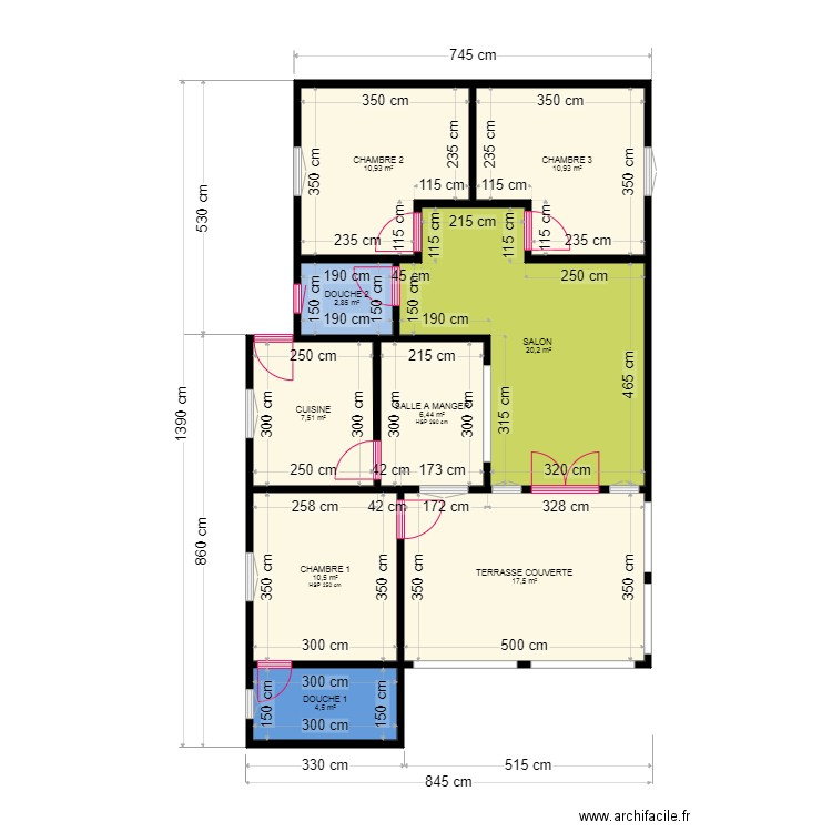 PROJET D'UNE VILLA. Plan de 9 pièces et 91 m2