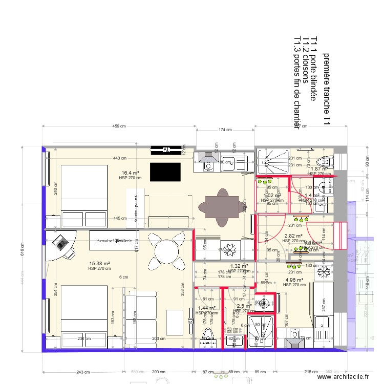 T1 porte et cloison Verdun étage. Plan de 0 pièce et 0 m2