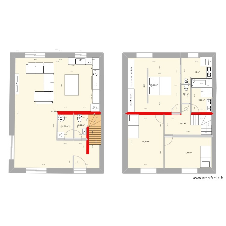 Plan double séjour . Plan de 10 pièces et 135 m2