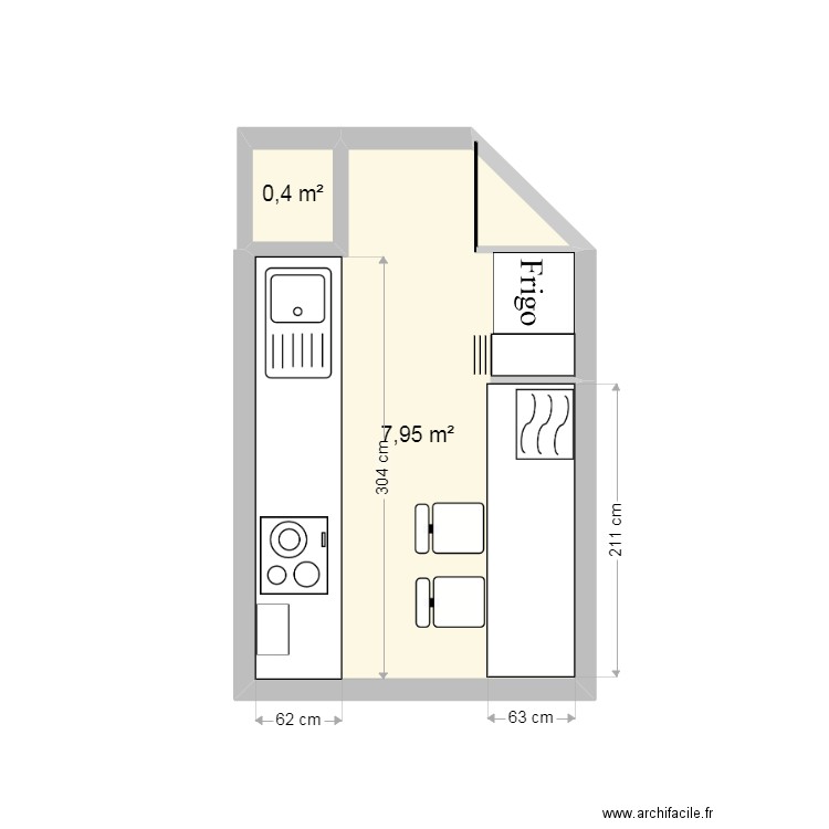 CUISINE CAROLE avec dimensions plan de travail 2. Plan de 2 pièces et 8 m2