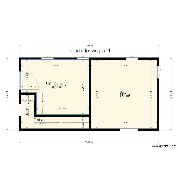 piece de vie gite 1. Plan de 3 pièces et 23 m2