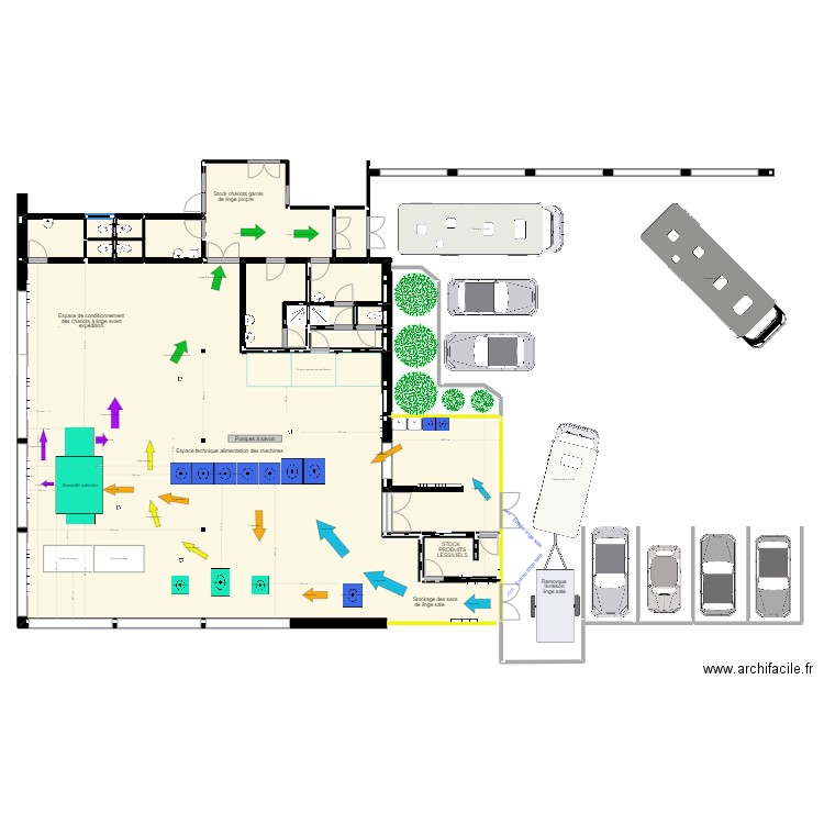 buanderie avec nouvelle calandreuse E + stockage du linge salle. Plan de 17 pièces et 334 m2