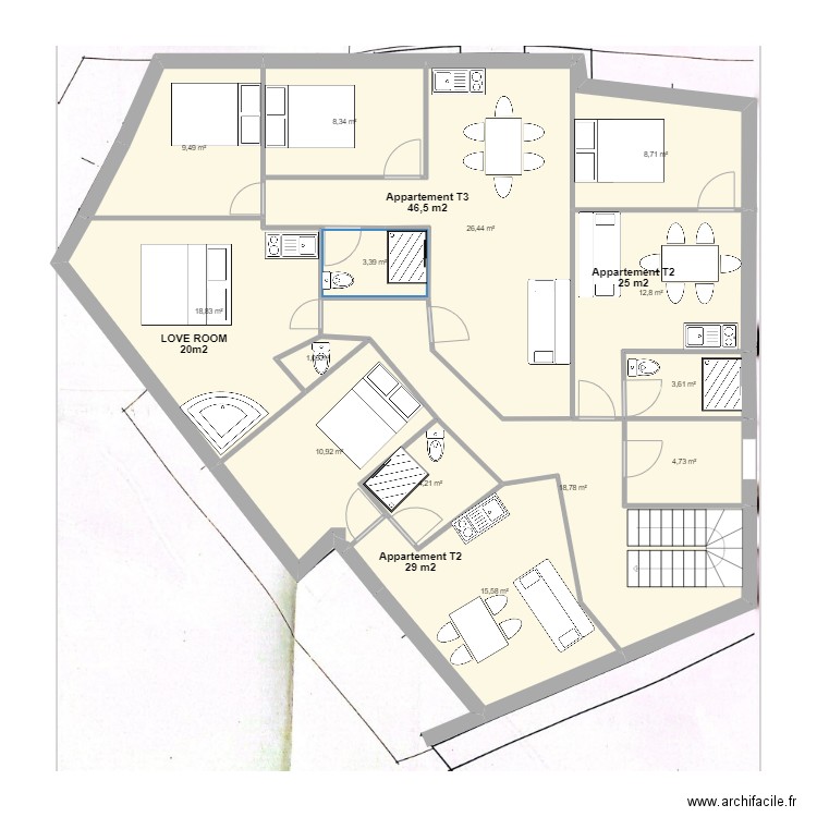 1ER ETGAE version 1. Plan de 14 pièces et 147 m2