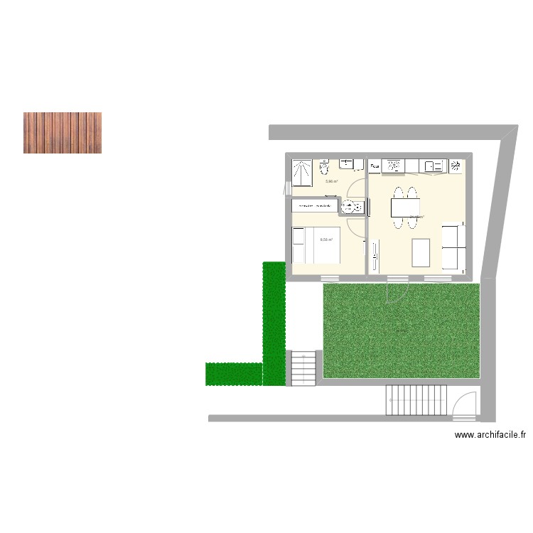 Studio jardin 27m². Plan de 3 pièces et 37 m2