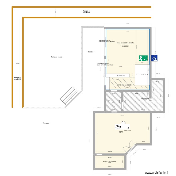 Routes de provence - plan accueil, restaurant, sanitaire, terrasse - après travaux. Plan de 5 pièces et 132 m2