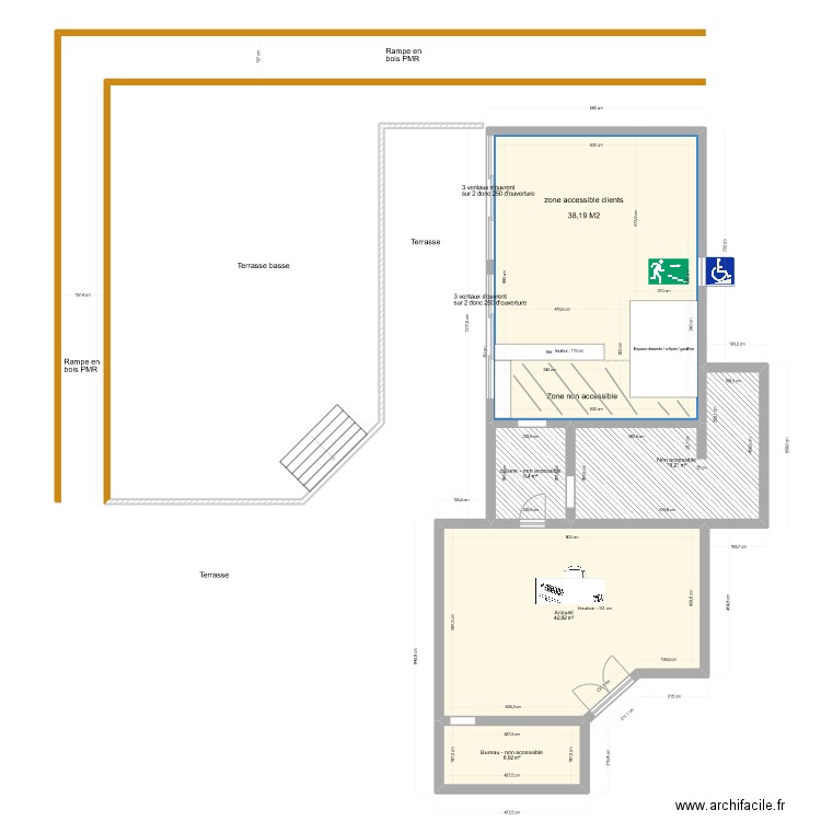 Routes de provence - plan accueil, restaurant, sanitaire, terrasse - après travaux. Plan de 0 pièce et 0 m2