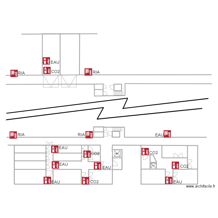 stockage murisseries Lliso frères extincteurs et RIA. Plan de 8 pièces et 79 m2