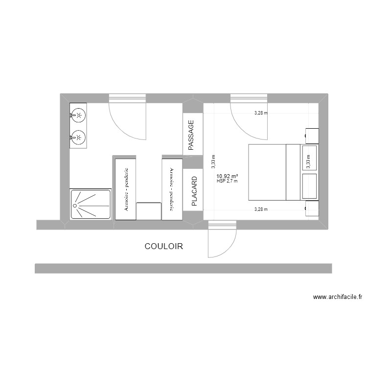 Chambre Quincieux. Plan de 2 pièces et 21 m2