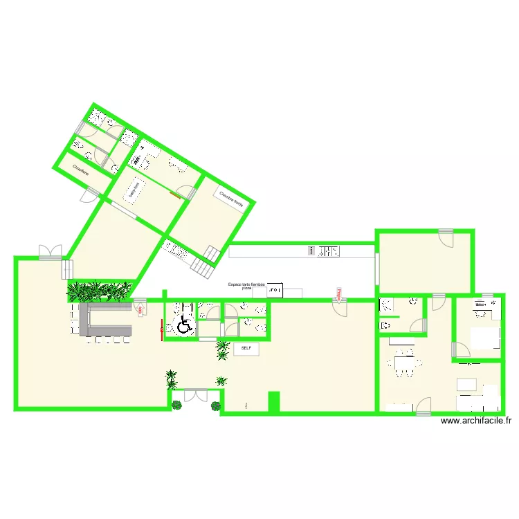 Plan restaurant v3 avec bar dans grande salle vide mobilier. Plan de 