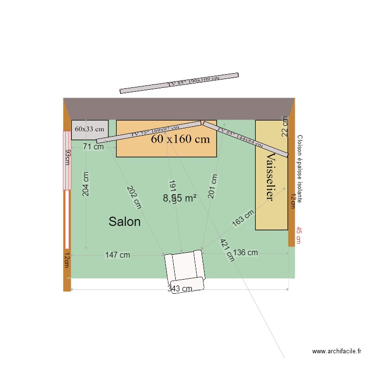 Coin TV 06C. Plan de 1 pièce et 9 m2