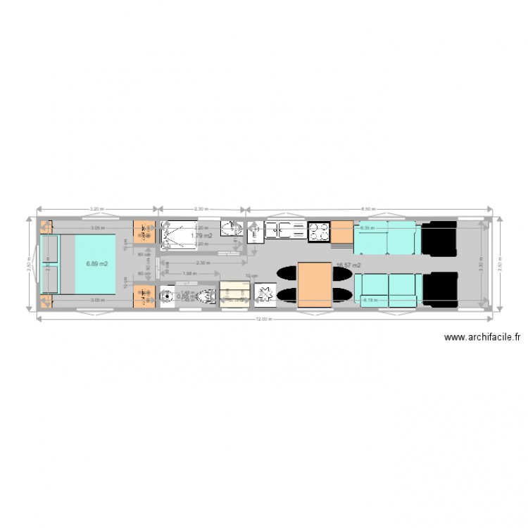 Bus aménagé. Plan de 4 pièces et 26 m2