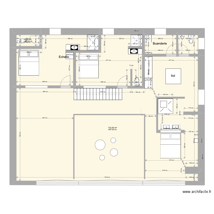 Etage . Plan de 6 pièces et 156 m2