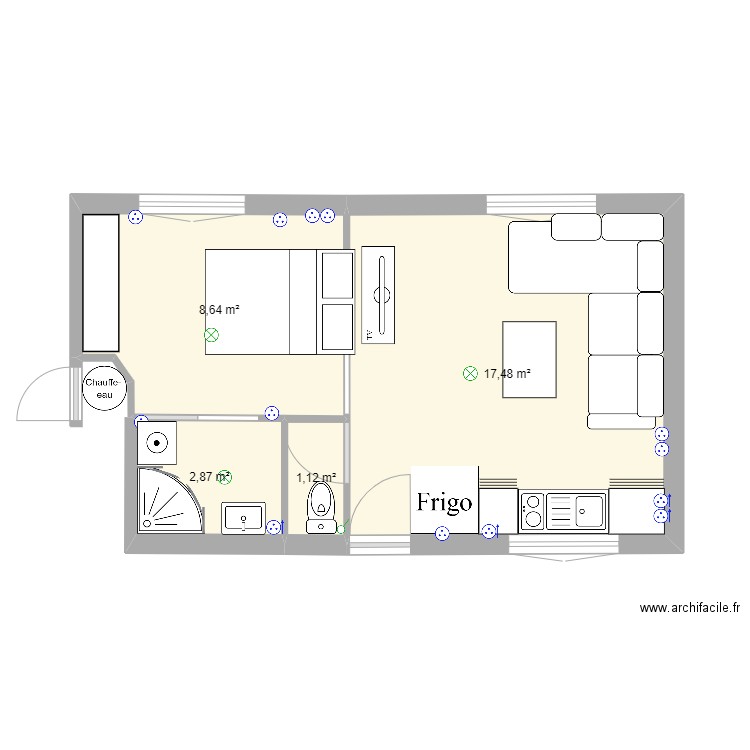 studio. Plan de 4 pièces et 30 m2