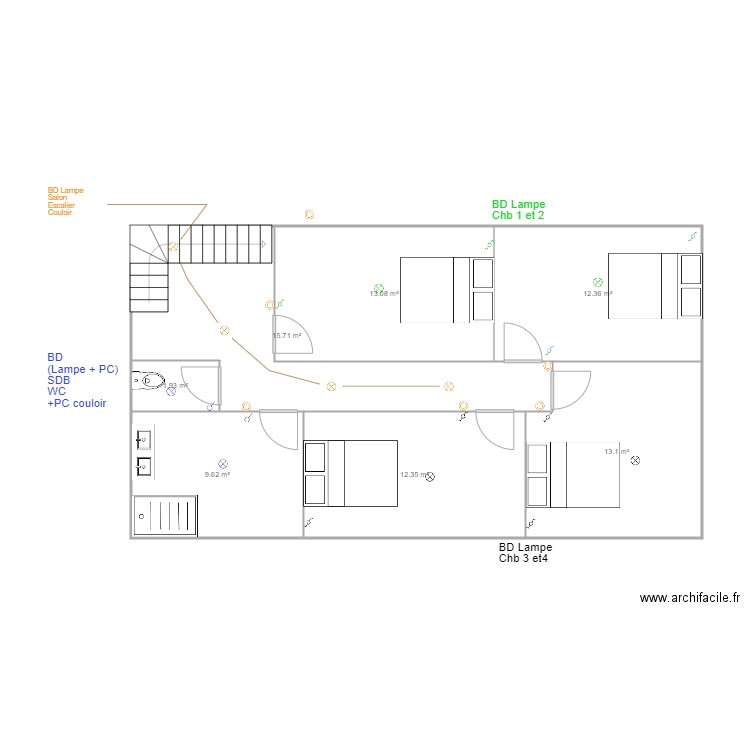 fredy 3 etage Lampes. Plan de 7 pièces et 78 m2