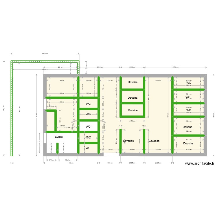 Rochetaillée - bloc sanitaire camping. Plan de 17 pièces et 73 m2