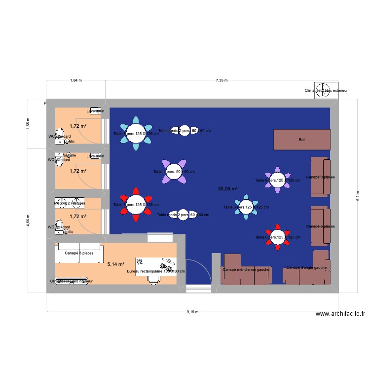 soirée. Plan de 5 pièces et 45 m2