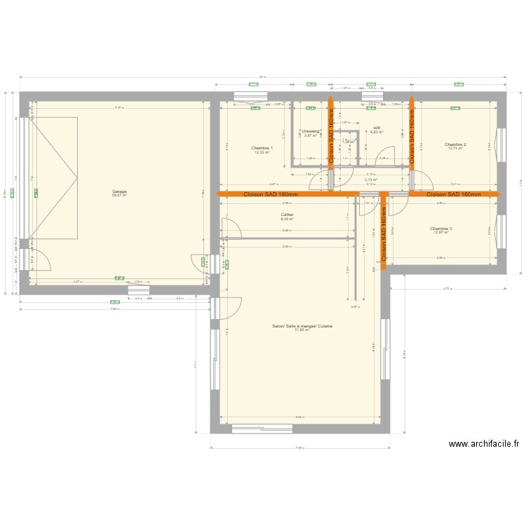 Plan placo. Plan de 10 pièces et 172 m2