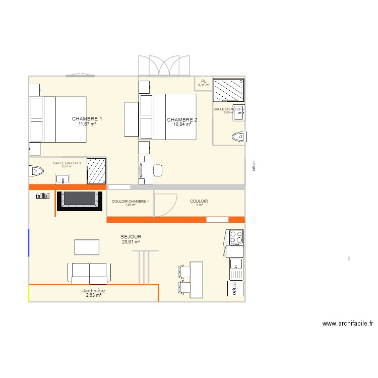 AP 1. Plan de 11 pièces et 56 m2