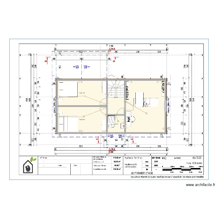 Maison - étage. Plan de 5 pièces et 60 m2