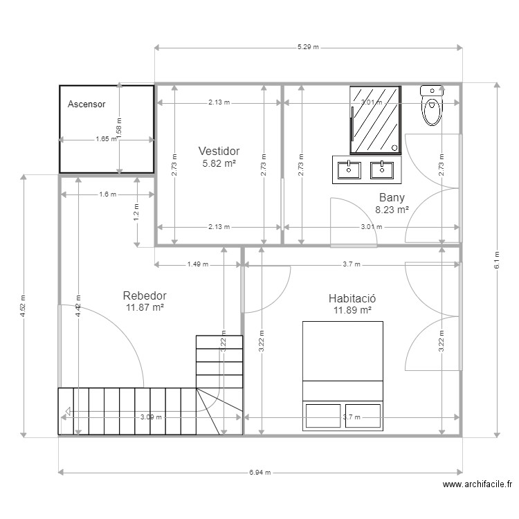 Planta 1 Modificada. Plan de 4 pièces et 38 m2