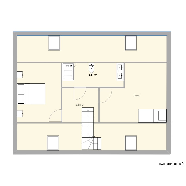 étage sdb. Plan de 5 pièces et 75 m2