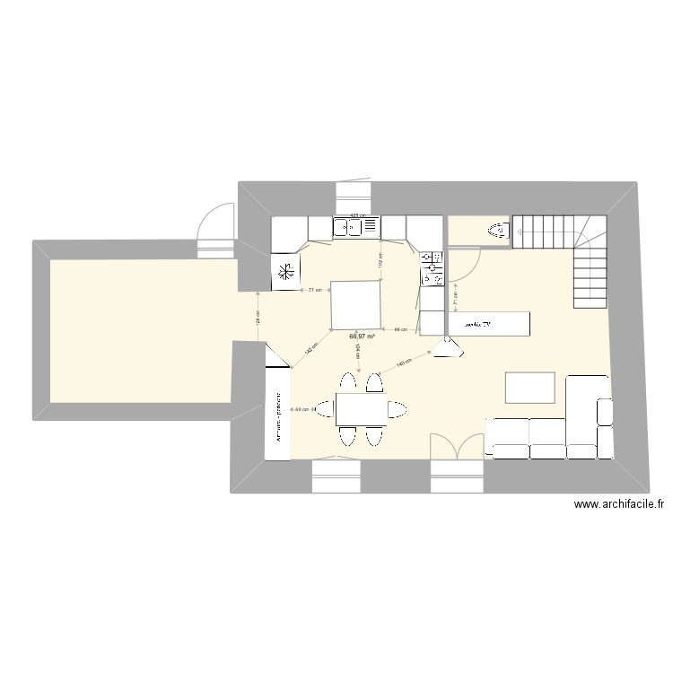 rdc. Plan de 1 pièce et 69 m2