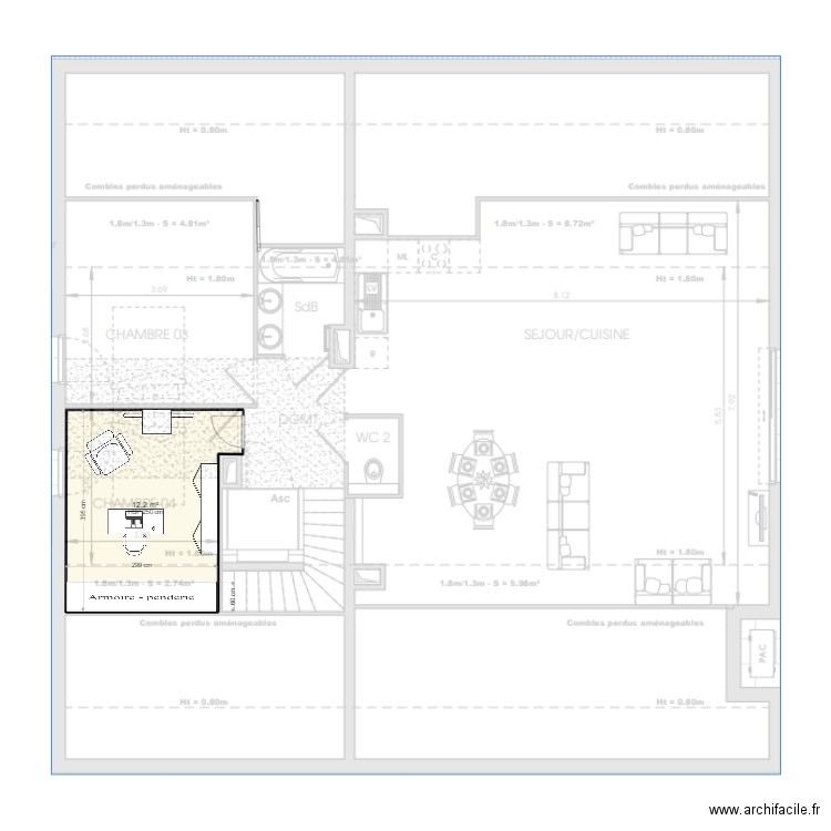 Chambre 4. Plan de 1 pièce et 12 m2