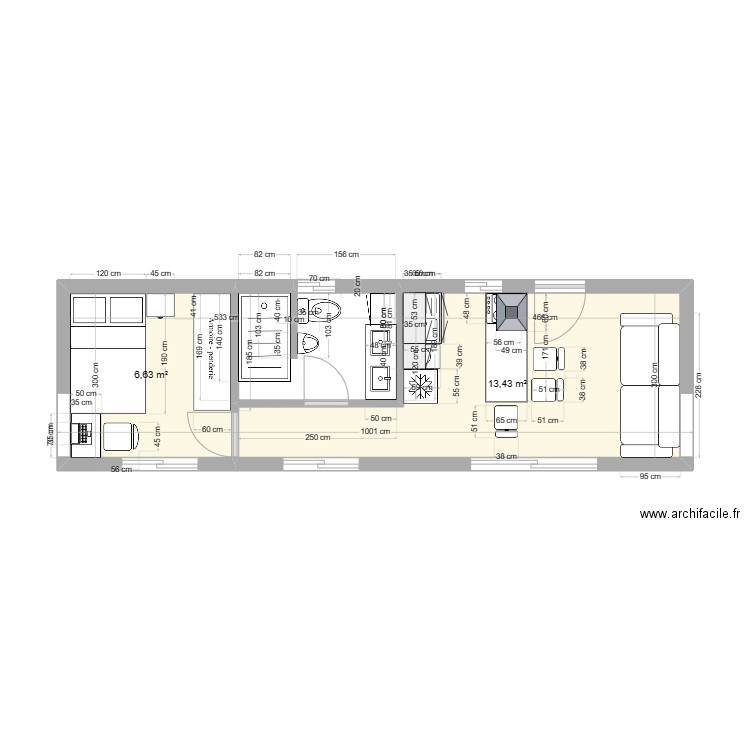 MICHEL  10 X 3 = 30 M2... Plan de 2 pièces et 20 m2