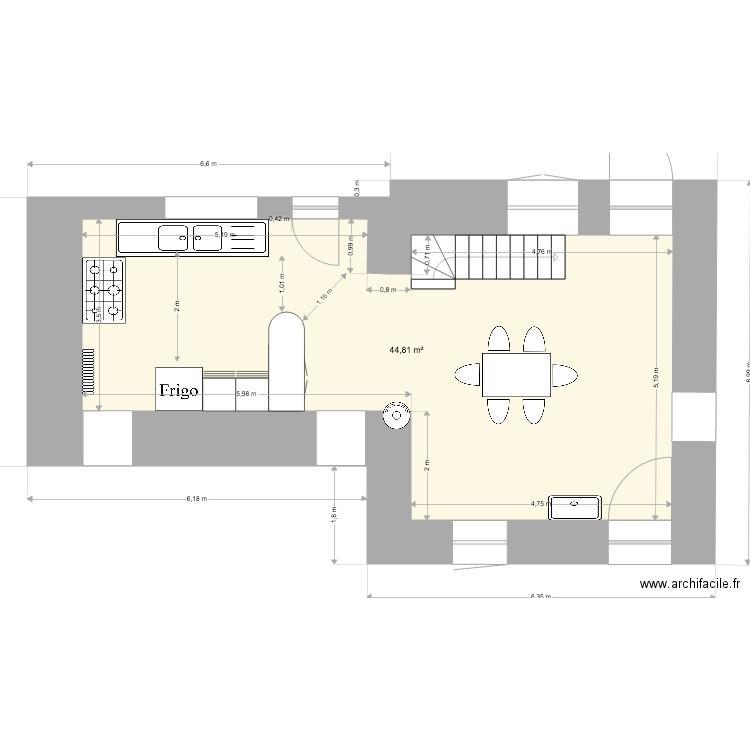 Cuisine V1. Plan de 1 pièce et 45 m2