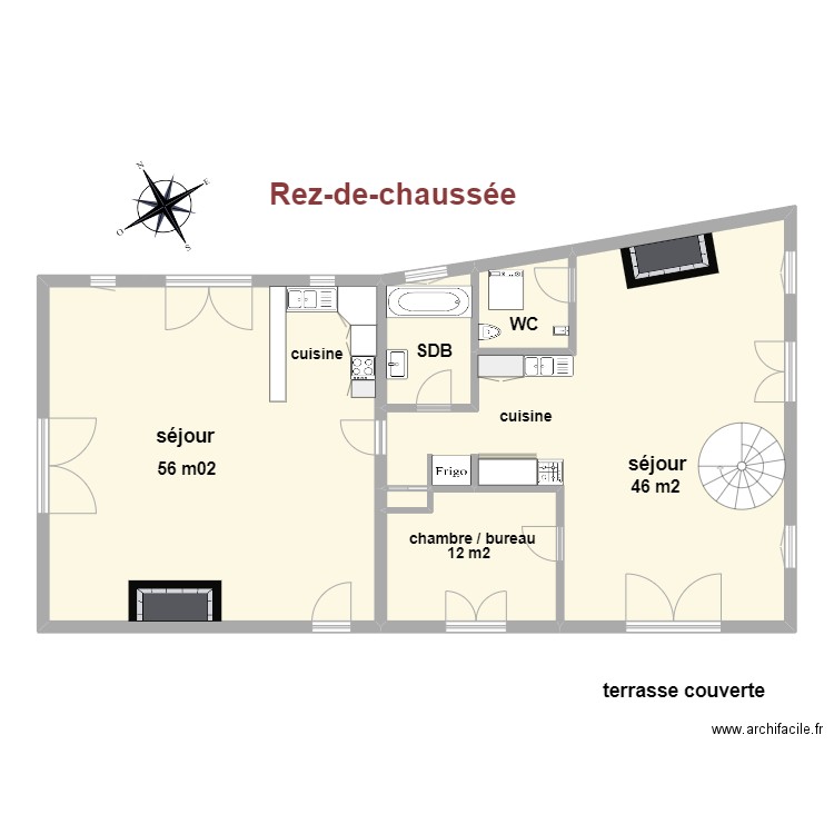 Mancioux rdc. Plan de 6 pièces et 134 m2