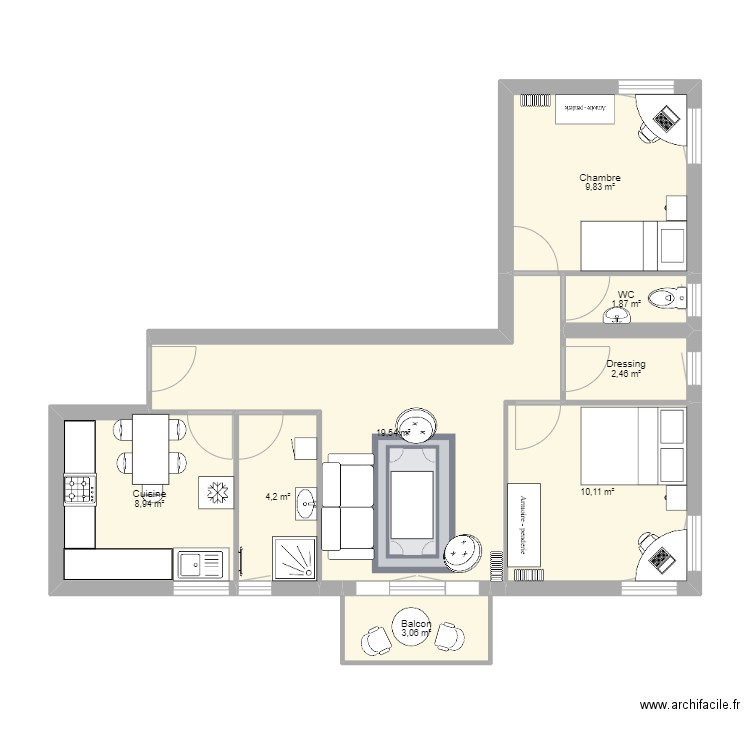 Appart V3. Plan de 8 pièces et 60 m2