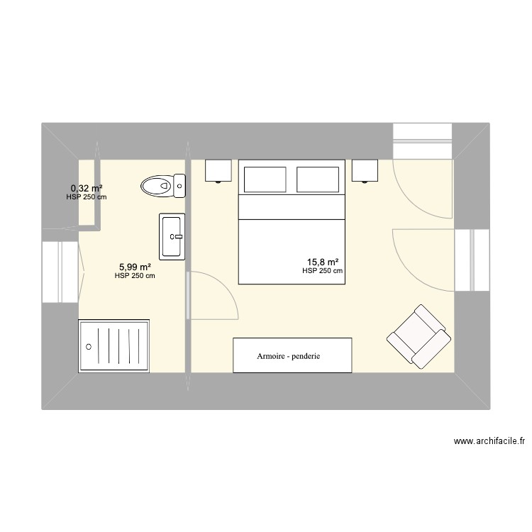 Chambre Principale + SDB 180. Plan de 3 pièces et 22 m2