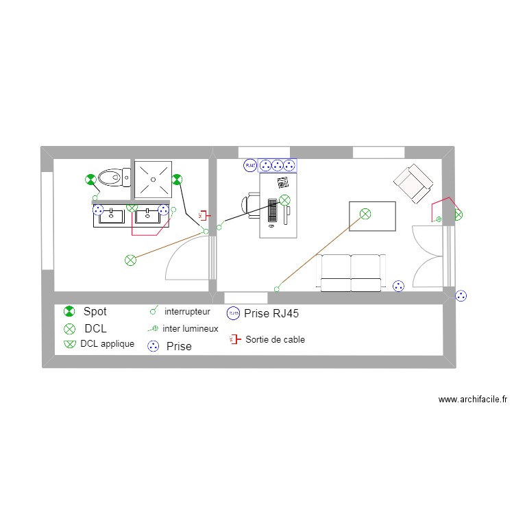 arhez. Plan de 2 pièces et 32 m2