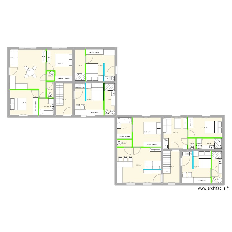 Maison 2logs. Plan de 22 pièces et 167 m2