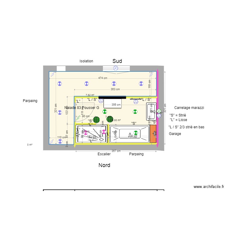 PLF Salle de bains 2 2021. Plan de 4 pièces et 14 m2