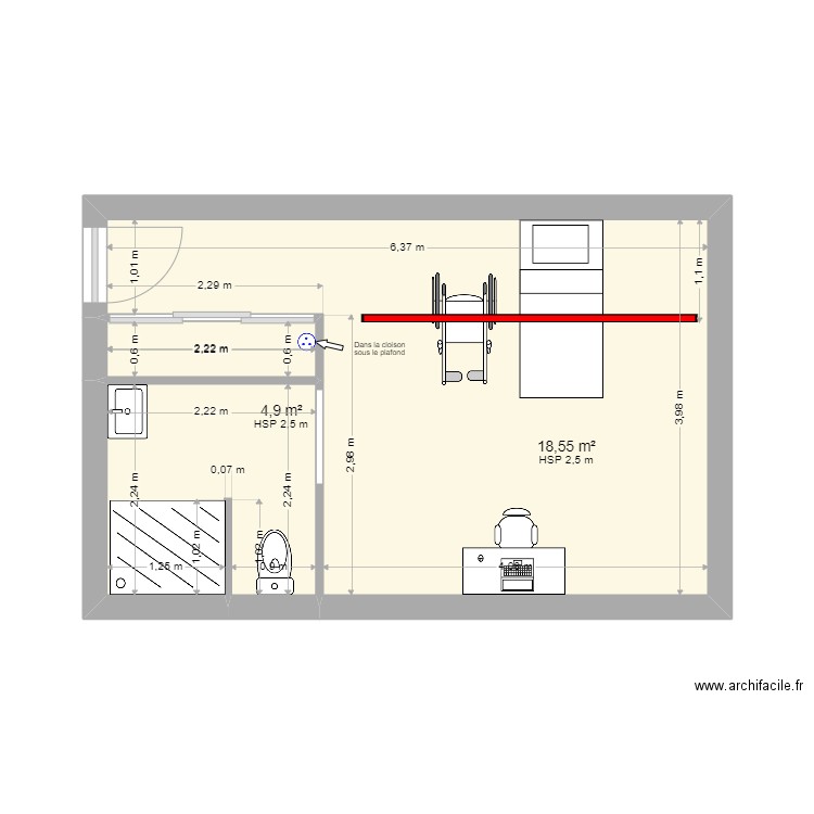 ZELL Jean LUC rail simple. Plan de 3 pièces et 25 m2