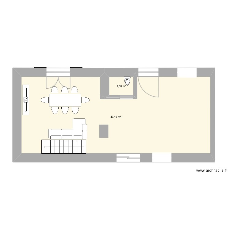 cuisine. Plan de 2 pièces et 49 m2