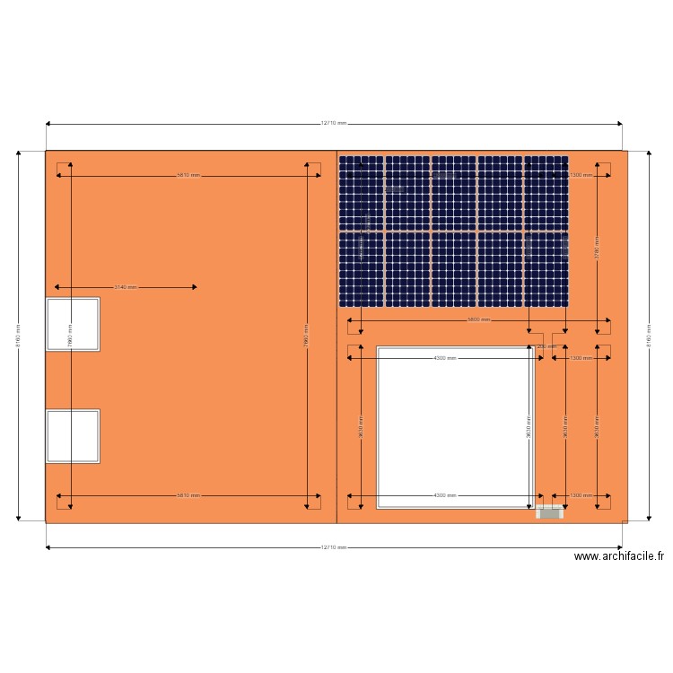 toiture trop modif + panneaux photo + 2 fenetres chien assis. Plan de 4 pièces et 86 m2