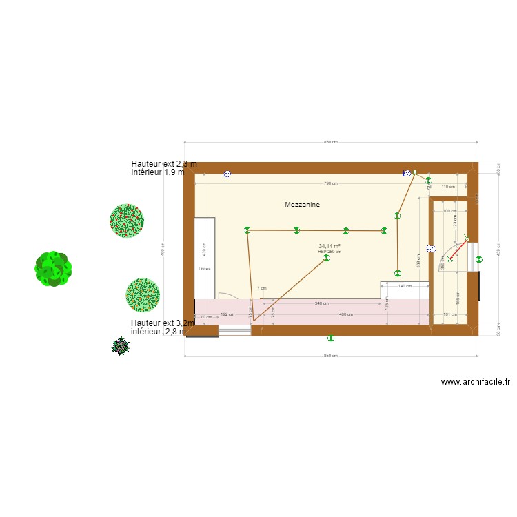 porcherie avec dimensions et électricité et emplacements . Plan de 1 pièce et 34 m2