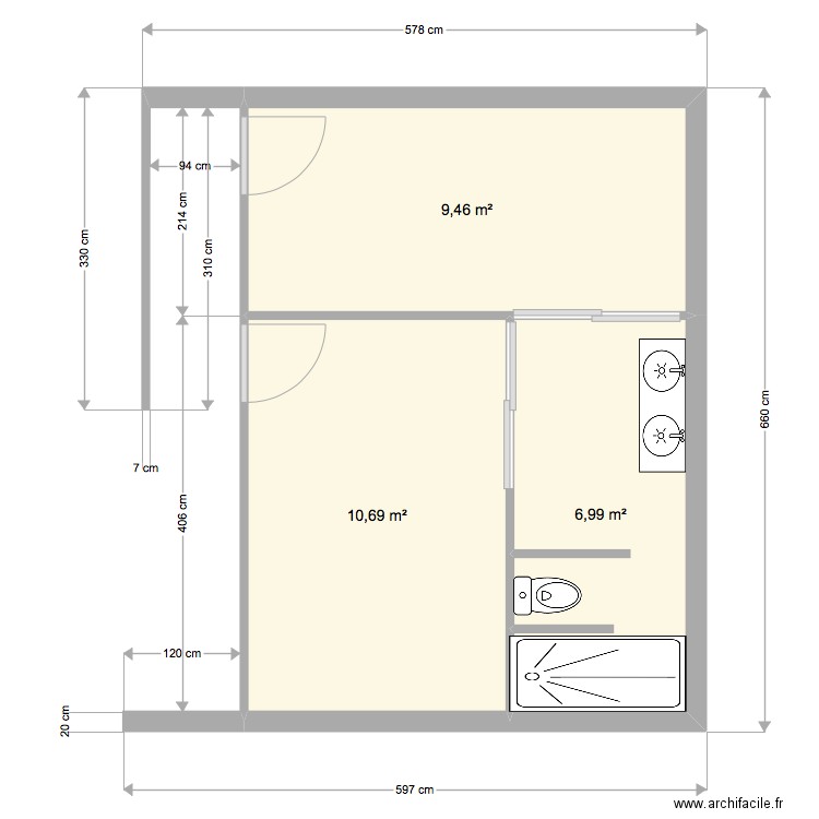 chambres. Plan de 3 pièces et 27 m2