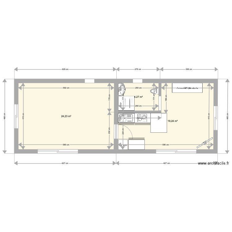 projet Pinedou version double. Plan de 3 pièces et 48 m2