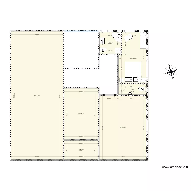 VR 3 pi&egrave;ces wc couloir lit &agrave; l Est. Plan de 