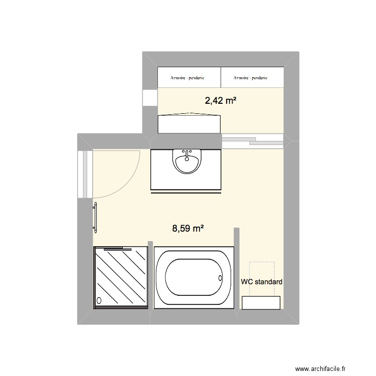 sdb. Plan de 2 pièces et 11 m2