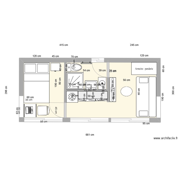 MICHE  6,60 x 3 = 19,80 M2 (20).... Plan de 1 pièce et 16 m2