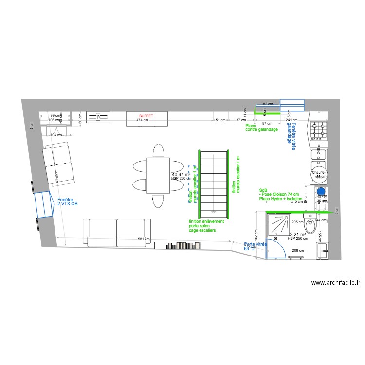 2ÉTAGE  MODIF PLOMBERIE. Plan de 2 pièces et 44 m2