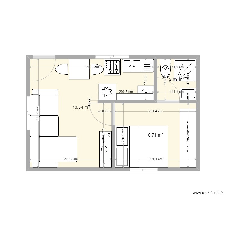 plan maison jardin. Plan de 3 pièces et 22 m2