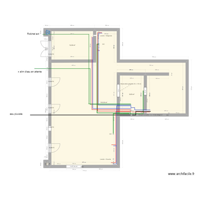 Plomberie Sous sol. Plan de 5 pièces et 122 m2