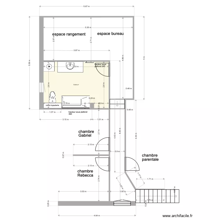 SDB et couloir. Plan de 