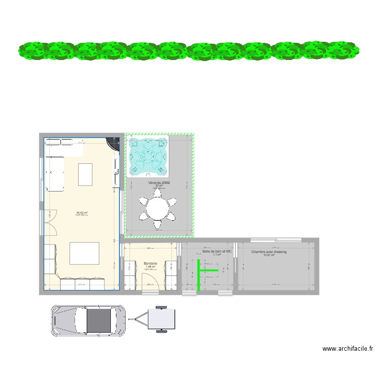 bel oeil   sejour buanderie  veranda . Plan de 5 pièces et 80 m2