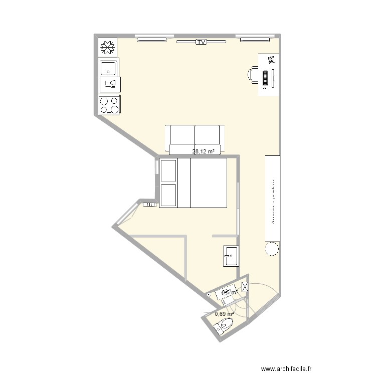 CB futur Xav. Plan de 3 pièces et 29 m2